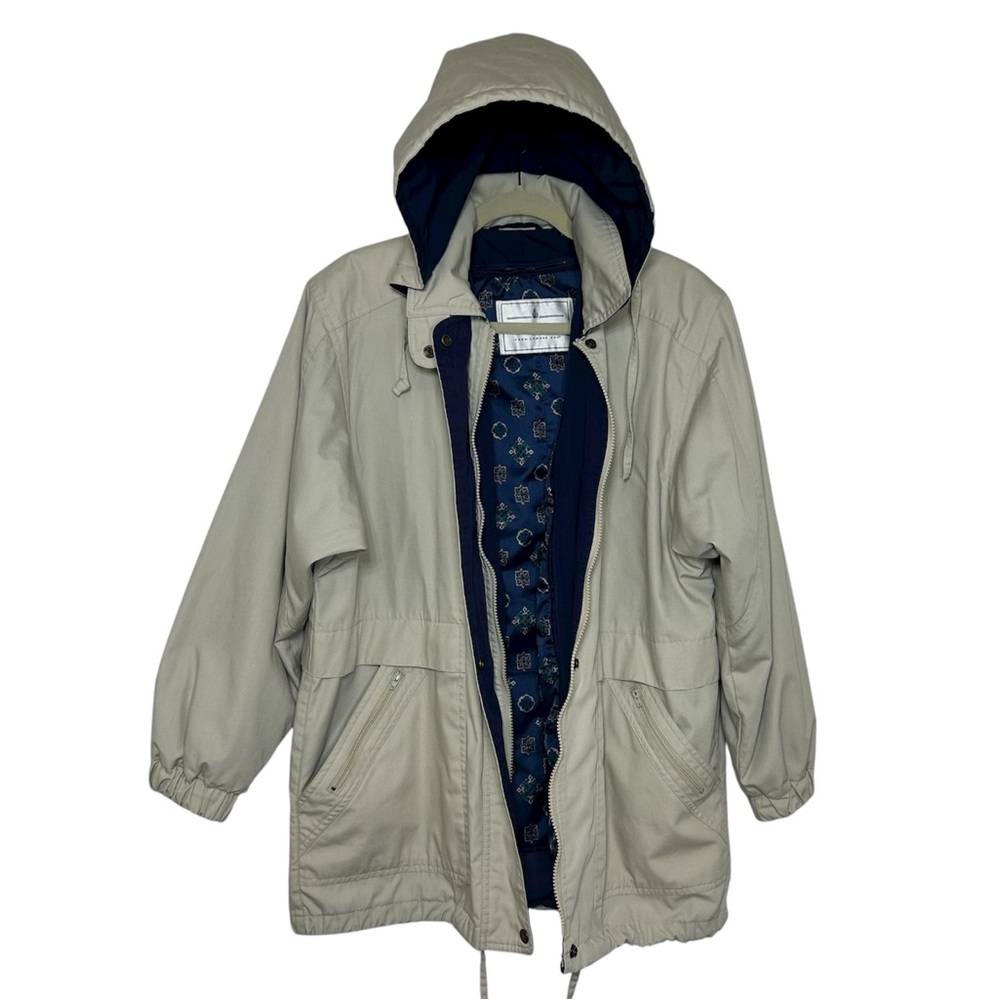 London Fog Towne Removable Hoodie & Lined Khaki Navy All Weather Parka Coat M